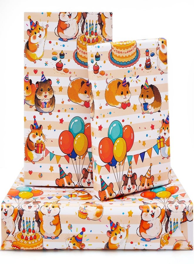 AircooL Hamster Birthday Wrapping Paper for Kids Boys Girls, Cute Hamster with Cake Balloon Banner Animal Party Wrapping Paper 6 Sheets Foled Flat 20x28 Inches per Sheet, For Birthday Wedding Party - Image 1